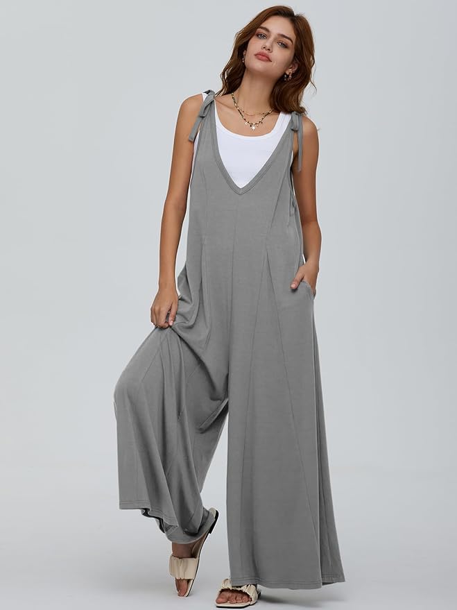 DEEP SELF Women's Summer Causal Jumpsuits Sleeveless Wide Leg Long Rompers V Neck Tie Strap Loose Baggy Overalls with Pockets