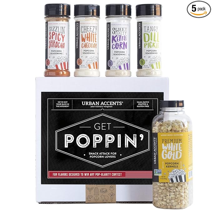 Urban Accents GET POPPIN', Gourmet Popcorn Seasoning Gift Set (Set of 5) - Delicious Non-GMO Popcorn Kernels and 4 Gourmet Popcorn & Snack Mix Seasonings