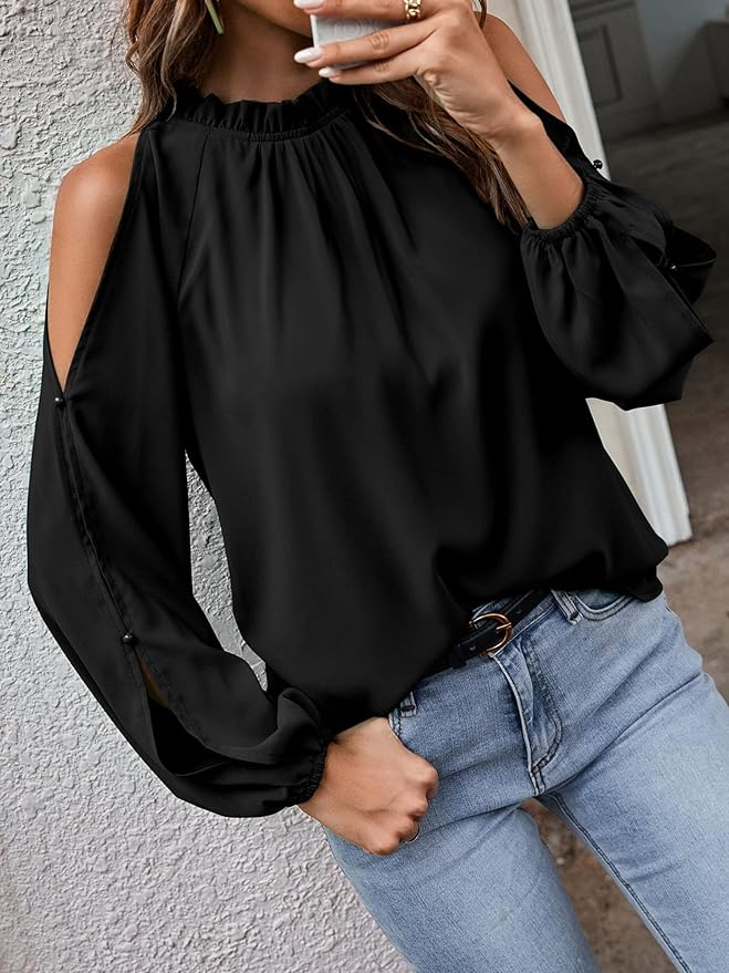 CCTOO Womens Tops Dressy Casual Cold Shoulder Ruffle Collar Blouses Fall Fashion Shirts for Work