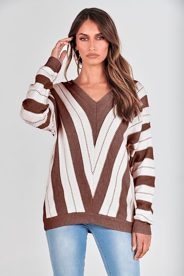 PRETTYGARDEN Women's Fashion Long Sleeve Striped Color Block Knitted Sweater Crew Neck Loose Pullover Jumper Tops