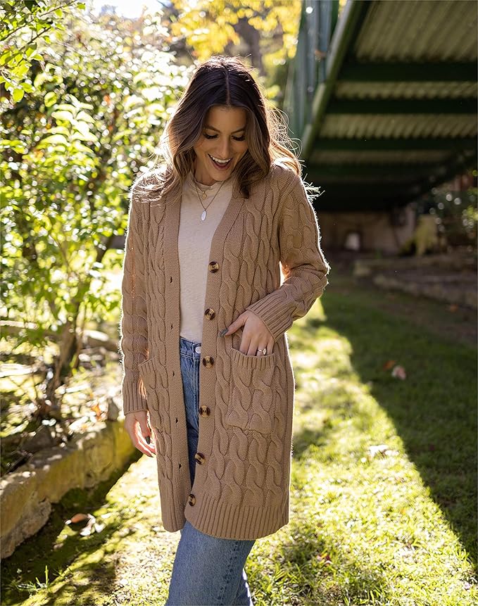 PRETTYGARDEN Long Sleeve Cable Knit Long Cardigan for Women 2025 Fall Winter Chunky Open Front Button Sweaters with Pockets