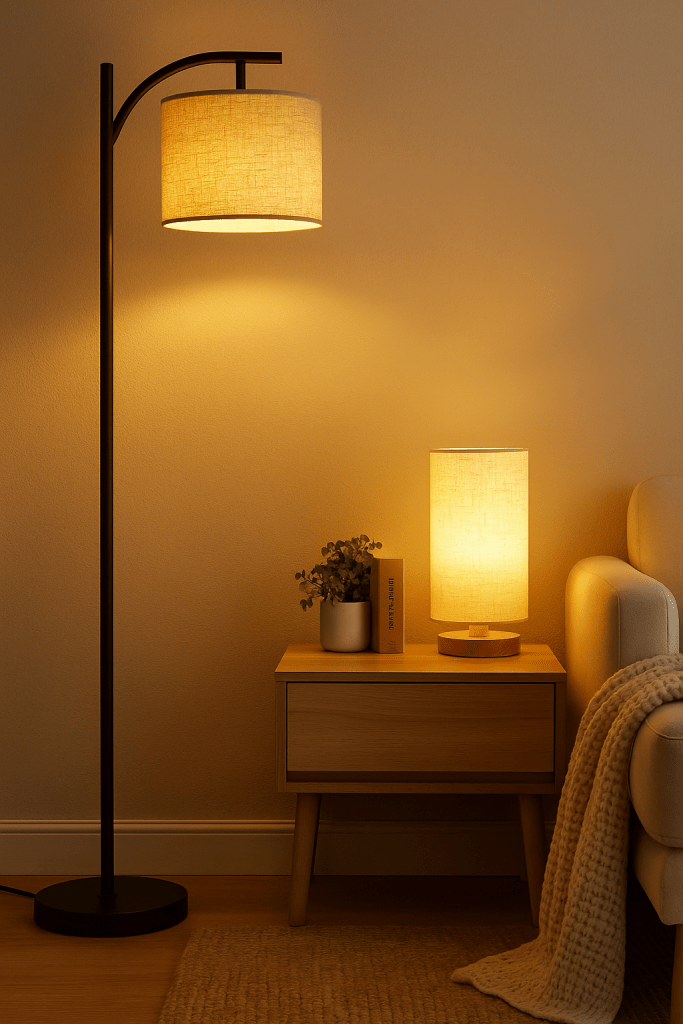 A hygge-inspired home corner featuring a soft-glow floor lamp and a minimalist bedside lamp. The layered warm lighting creates a cozy, inviting atmosphere, perfect for intentional living and sanctuary-style décor.