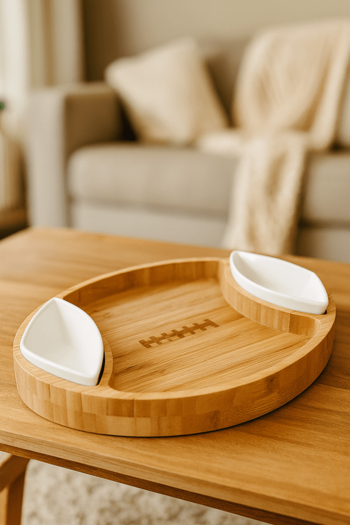 Football Shaped Bamboo Serving Tray (10" x 16" x 2.5”) Includes 2 Dip Trays - Large Chip Serving Dish for Parties