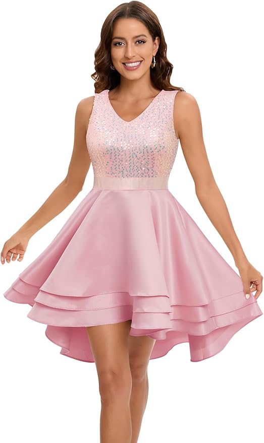 Womens Sparkly Homecoming Dresses for Teens Short Sequin High Low Formal Prom Dress Cocktail Party Wedding Guest