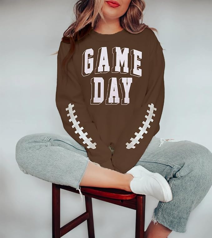 Women Game Day Sweatshirt Football Fan Game Day Shirt Letter Print Long Sleeve Casual Top