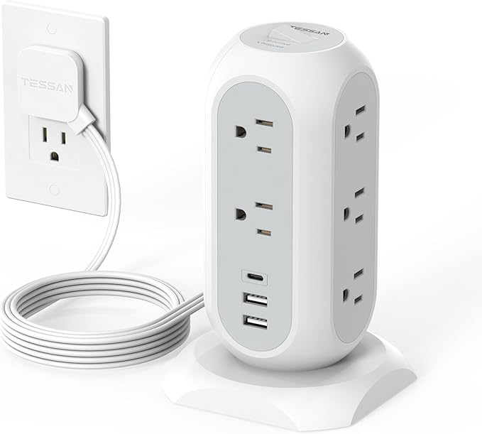 Tower Power Strip Flat Plug with 11 Outlets 3 USB (1 USB C), TESSAN Surge Protector Tower 1625W/13A,1050J Protection, 6 Feet Extension Cord with Multiple Outlets, Office Desk Supplies, Dorm Essentials
Visit the TESSAN Store