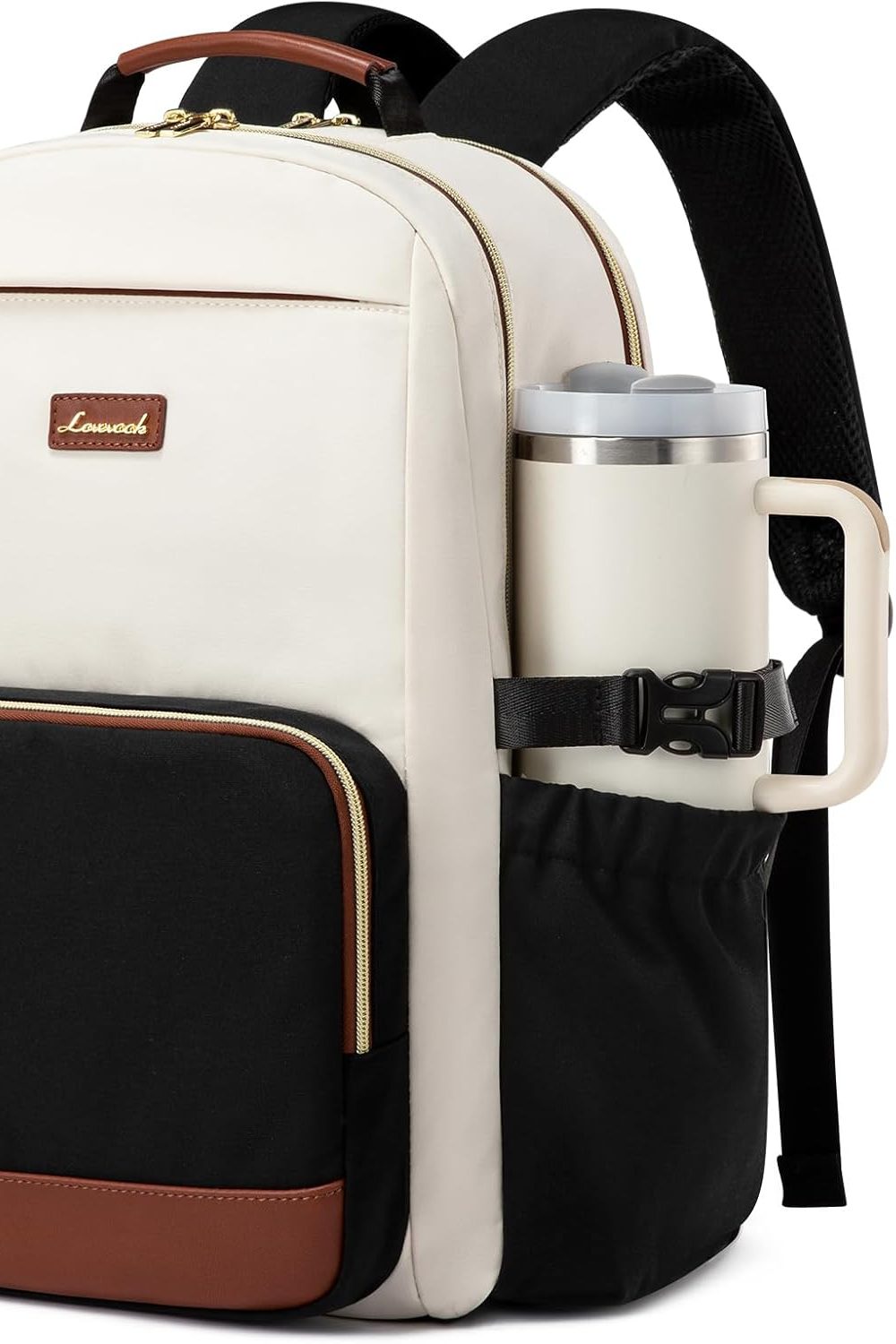 LOVEVOOK Laptop Backpack for Women with Pouch Pocket for Large Capacity Cup,15.6 Inch Laptop Computer Bag Travel Backpack Purse,Waterproof Work Business Backpack College Teacher Bags,Beige-Black-Brown