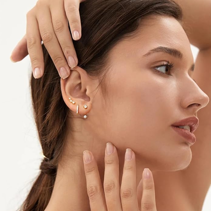 Gold Stud Earrings for Women, 6 Pairs 14K Hypoallergenic Cartilage Earrings for Multiple Piercing, Dainty Small Stackable Hoop Ball Earrings Set