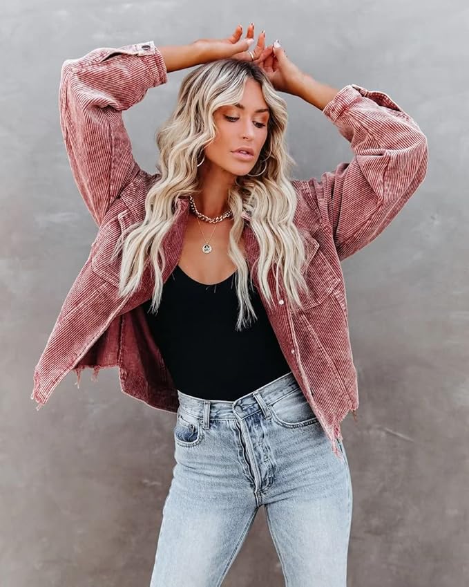 Womens Cropped Corduroy Jacket Casual Button Down Shacket Coat Fringe with Frayed Hem