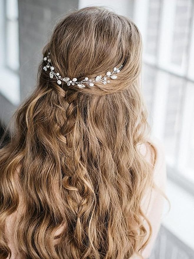 Wedding Hair Vine Silver Pearl Bridal Hair Pieces Sparkle Rhinestone Prom Accessories for Brides