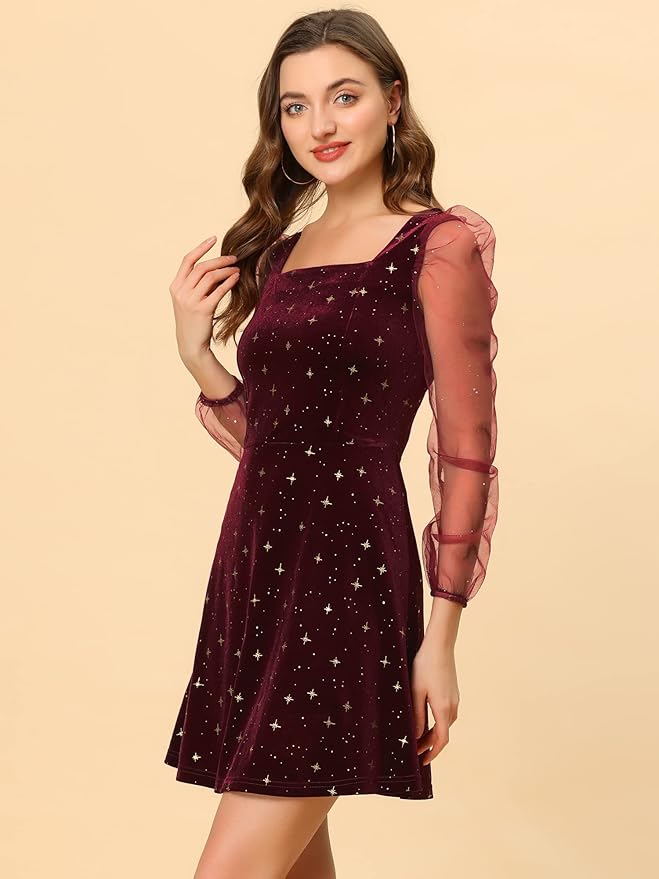 Women's Sparkly Glitter Velvet Mesh Sheer Sleeve Star Metallic Dress