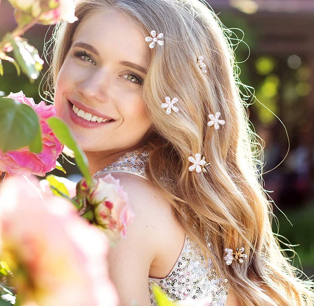 10 Pcs Small Mini Pearl Claw Clips with Flower Design, Sweet Artificial Bangs Clips Decorative Hair Accessories for Women Girls
