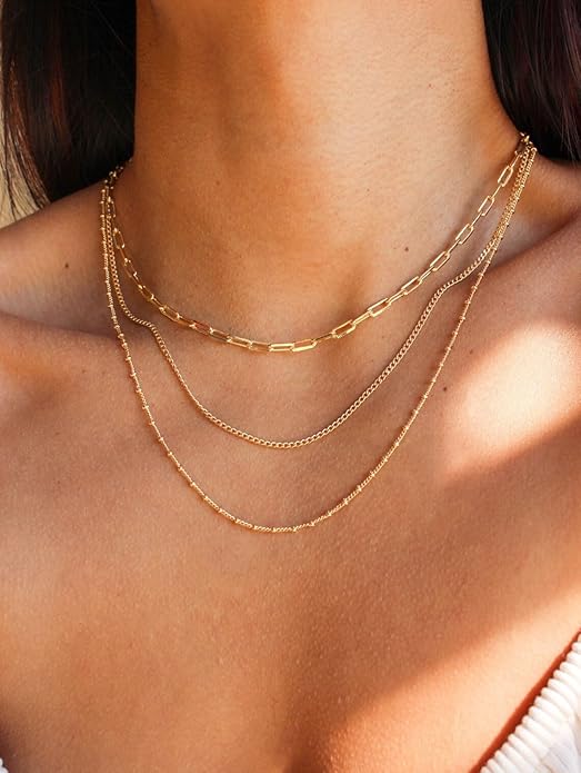 Waterproof Gold Necklace Layered Necklaces for Women Non Tarnish,18k Gold Plated Stainless Steel Dainty Stack Thin Chain Necklace Set for Women Gifts Jewelry