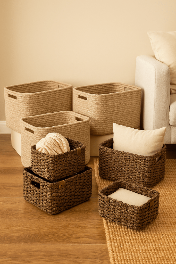 A cozy display of eight woven storage baskets in neutral tones, arranged in a warm, inviting setting. The natural rope and eco-friendly textures highlight a hygge-inspired style, perfect for organizing toys, laundry, or pillows while softening and grounding a space.