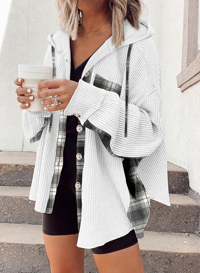 Womens Waffle Knit Plaid Shacket Boyfriend Button Down Shirt Hooded Jacket Loose Long Sleeve Tops