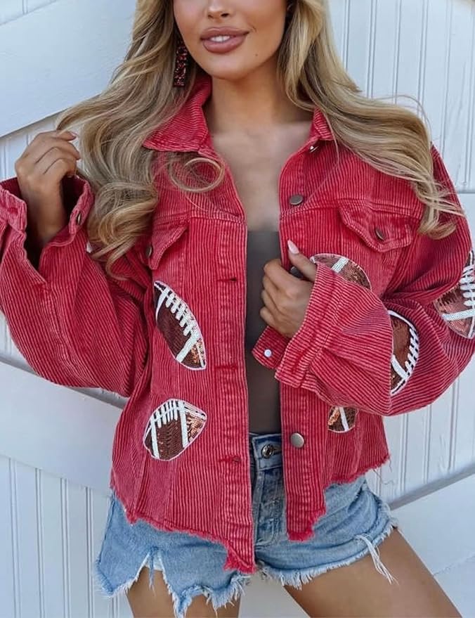 Women's Cropped Corduroy Jacket Football Sequin Patched Short Button Raw Hem Jacket Coat