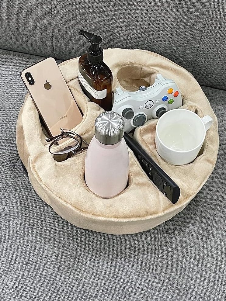 Couch and Bed Cup Holder Pillow, Sofa Organizer Caddy for Drinks, Remotes, Phones, Snacks (Beige)