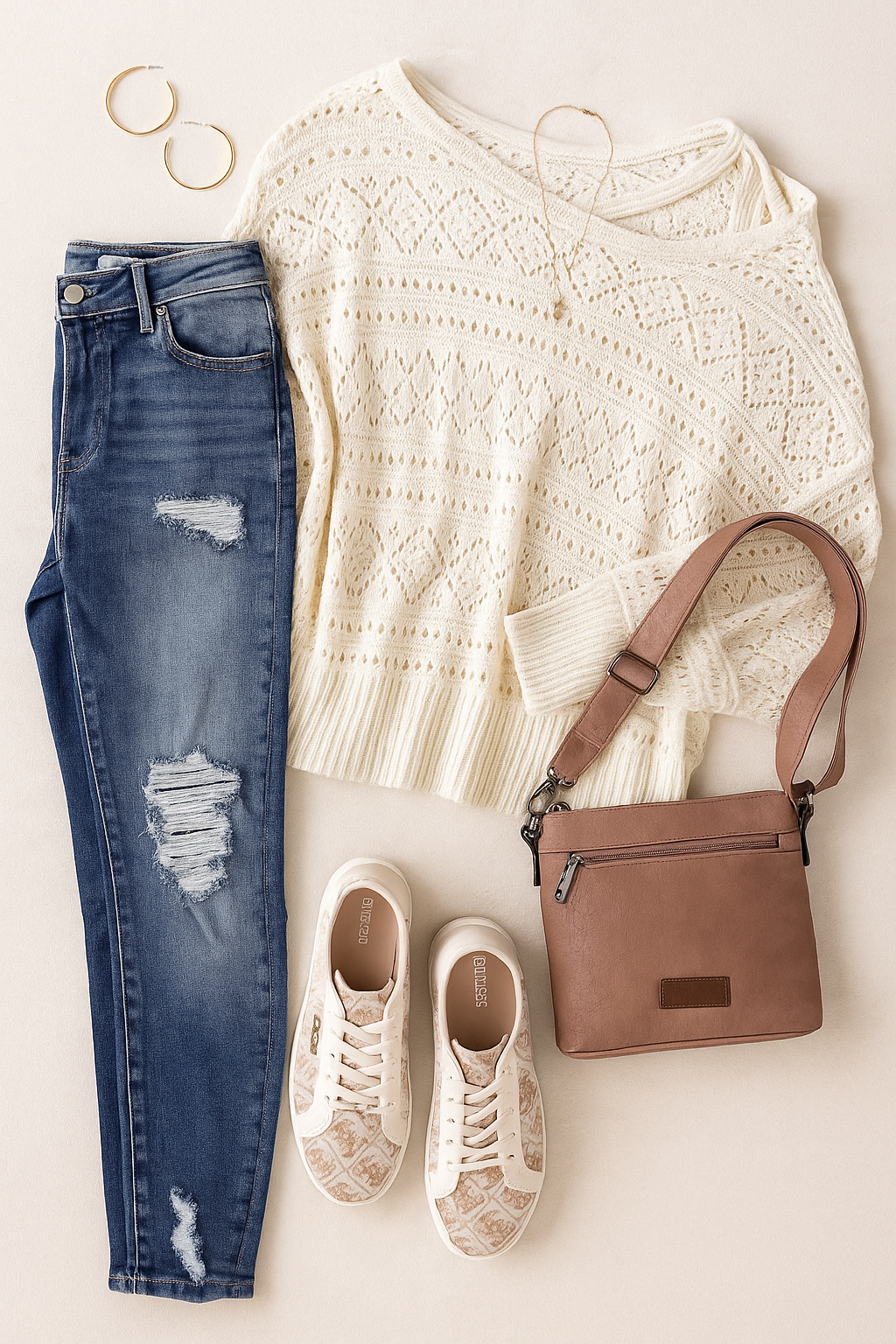 A flat lay of a chic neutral-toned fall outfit featuring a white open-knit sweater, distressed skinny jeans, gold hoop earrings, a blush crossbody bag with wide strap, and blush-patterned Guess sneakers. The ensemble highlights effortless, cozy style with modern details.