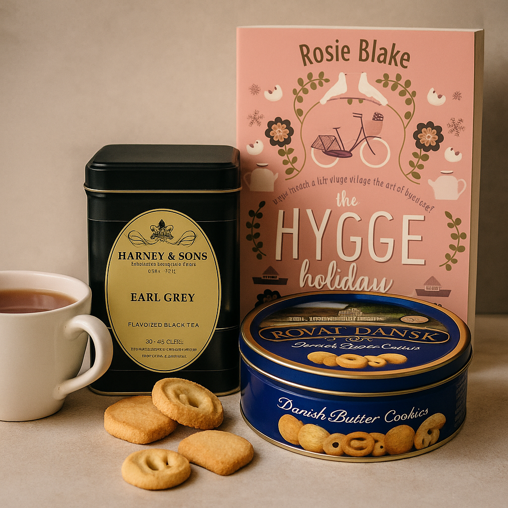 A cozy flat-lay of a quiet afternoon kit featuring Harney & Sons Earl Grey tea in a black tin, a Royal Dansk butter cookie tin, and the book “The Hygge Holiday” by Rosie Blake. Styled with warm tones and soft lighting, this scene evokes hygge comfort and intentional living in The Cactus Rose aesthetic.