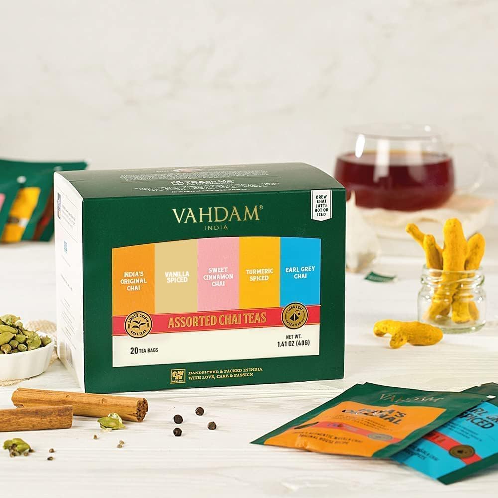 Assorted Chai Tea Bags Sampler - 5 Flavors, 20 Pyramid Bags | Masala Chai Tea Varieties from India | Gluten Free & Non GMO | Gift Ideas for Women & Men | Ecofriendly Packaging