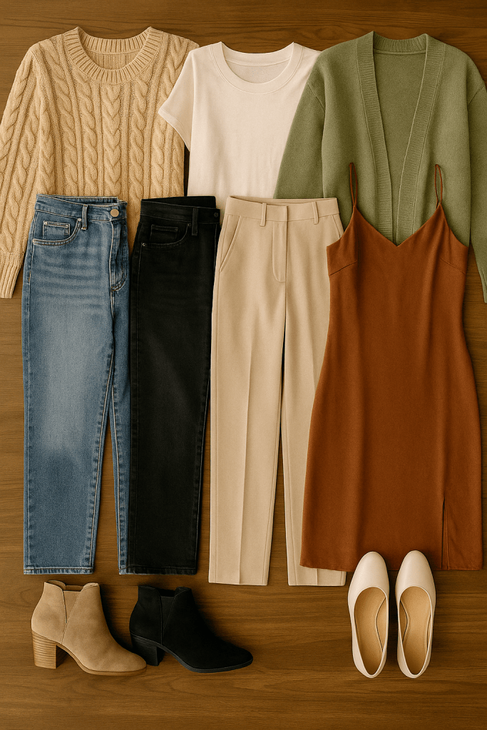 A Flat Lay of a sample of items that you could include in your capsules closet. A  tan Sweater, a white t-shirt, a green cardigan, blue denim jeans, black denim jeans, tan slacks, rusty orange dress, tan bootie heals black bootie heals, and white ballerina flats.