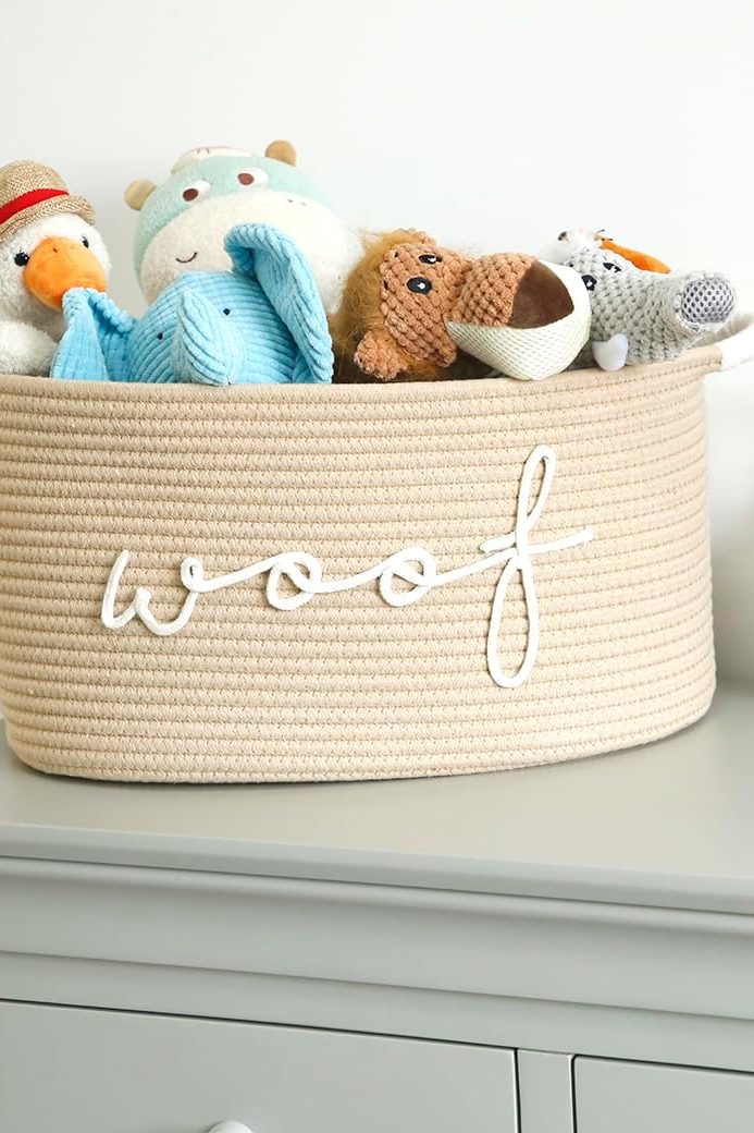Woof Woven Rope Storage Baskets, Pet Dog Toy Bin Box Perfect for organizing Chew Toys Blankets leashes, Dog Toy holder Cotton Basket Puppy Bins