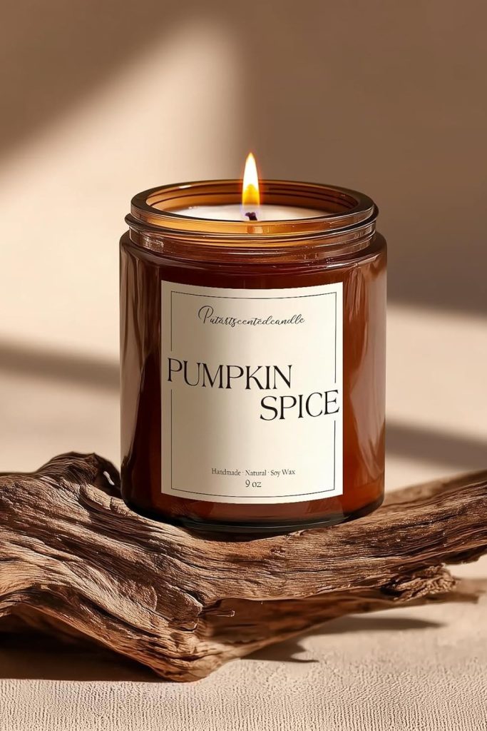 Pumpkin Spice Scented Candles for Home, Natural Soy Wax Aromatherapy Non Toxic Pumpkin Fall Candle Gifts for Women Men, Autumn Amber Glass Jar Candle Decoration for Halloween Holidays (9oz