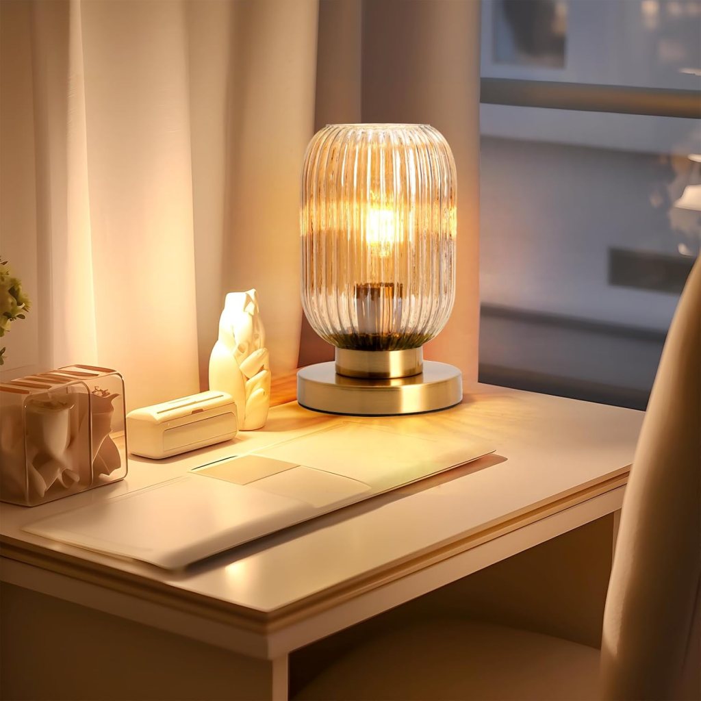 Bedside Table Lamp Dimmable Mid Century Modern Lamp Glass Table Lamps Globe Gold Desk Lamp Nightstand Light with Amber Pumpkin Design Ribbed Glass Shade for Bedroom Living Room Office