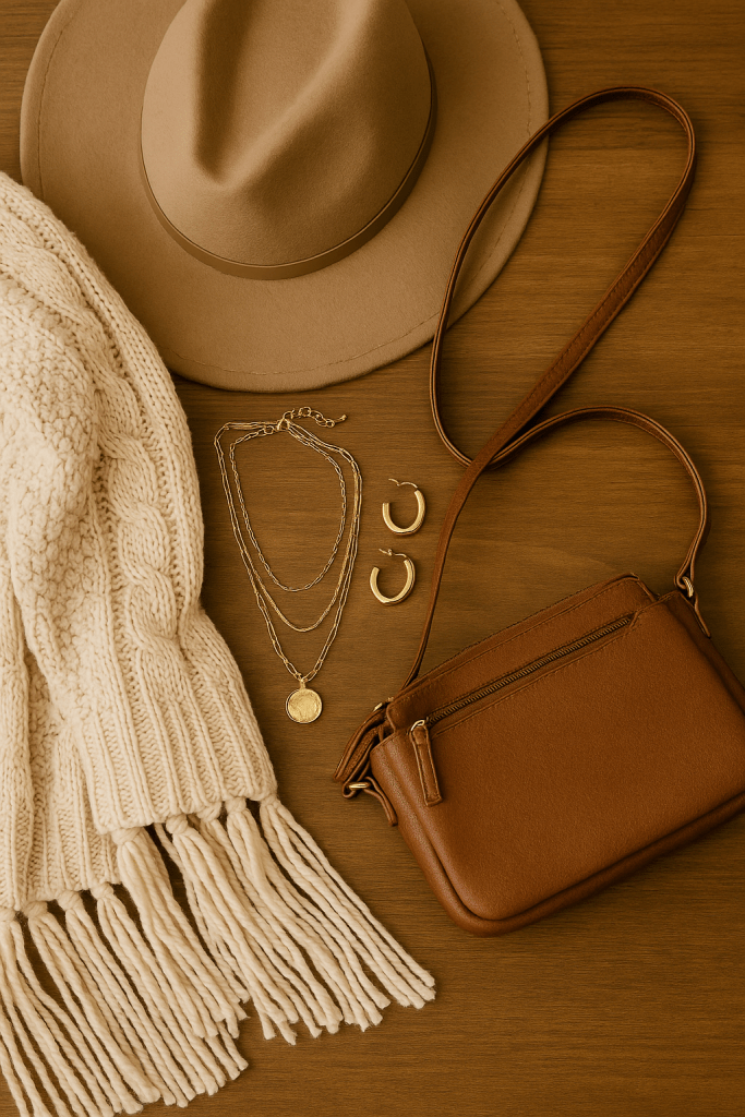 A Flat Lay of Multipurpose Accessories in the color scheme of your capsule closet to help pull together an outfit. a Tan cowgirl hat, a cream fringe sweater, gold earrings, gold necklaces, brown over the shoulder purse.