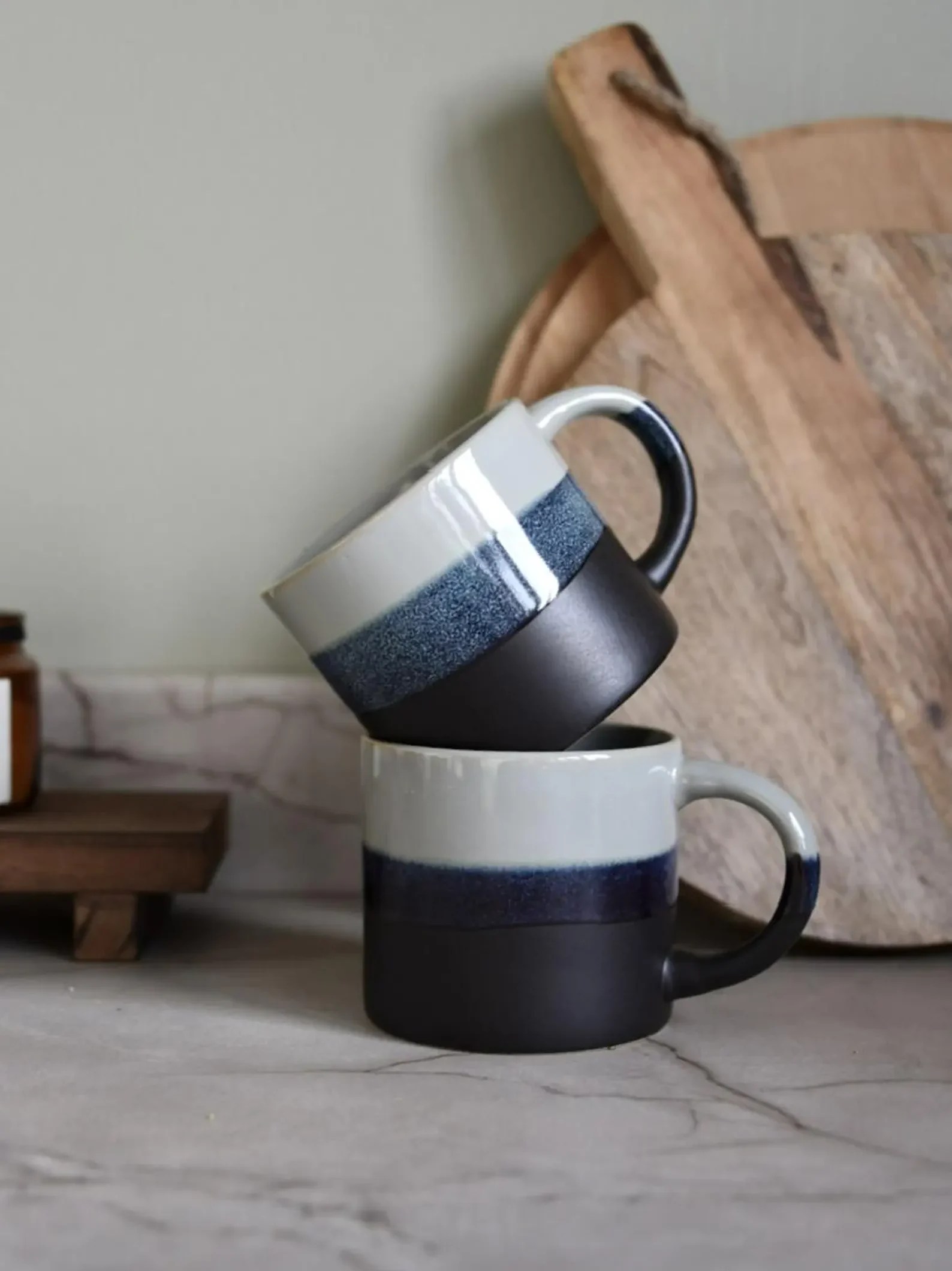 Artisan Reactive Glaze Blue Mug Gift Set with Winter Cottage Art Print and Faux Thistle and Eucalyptus Posy