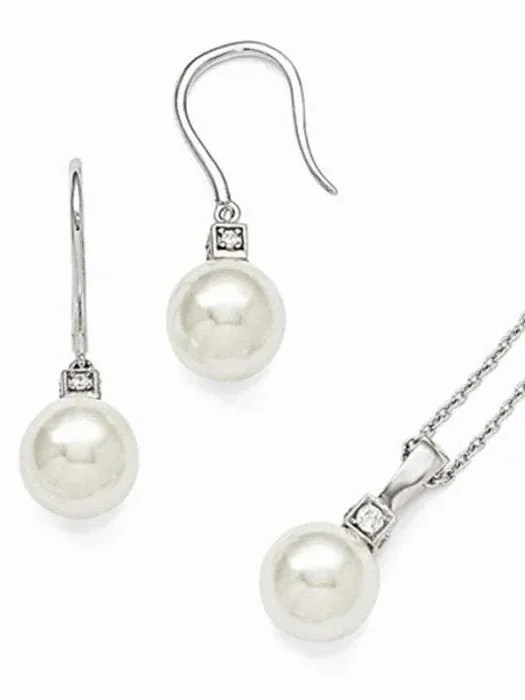 Sterling Silver Majestik White Shell Bead & CZ Earring & Necklace Set