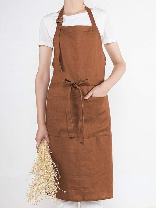 ATLINIA 100% Linen Apron with Buttons Adjustable Bib Apron with Pockets Linen Half Apron Bistro Apron