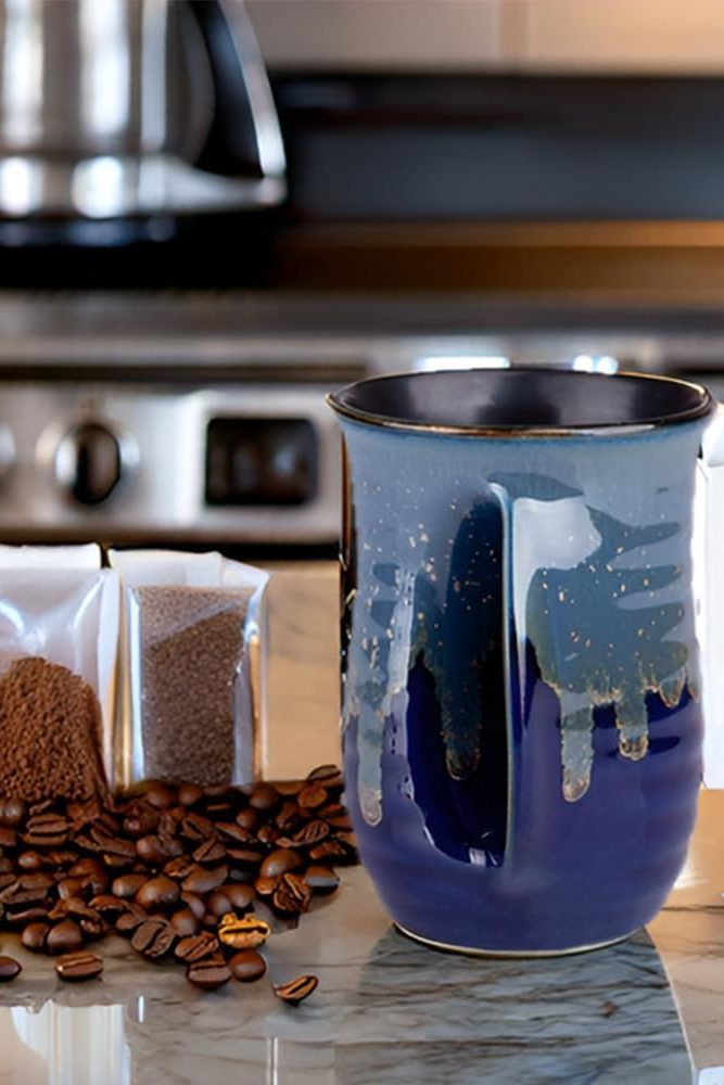Hand Warmer Mug for Coffee Handmade Pottery (Upgraded) - 16 Ounce Large Handwarmer Mugs Ceramic with Pocket Handles Gift for New Year Christmas, Keep Your Fingers Warming, Right Handed