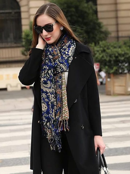 DANA XU 100% Merino Wool Pashmina Shawl for Women 96"x43", Oversized Cashmere Wrap with Tassels, Floral Travel Blanket Cape