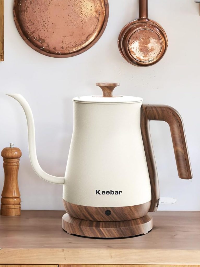 Gooseneck Electric Kettle Beige, 1000W Electric Tea Kettle Stainless Steel, Pour Over kettle for Coffee, Wood-like Grain Finish Handle, Hot Water Kettle, Auto Shut Off, 0.8L, Beige