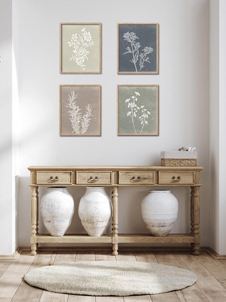 Framed Boho Wall Art Set of 4 for Wooded Minimalist Botanical Print Wall Art for Rustic Vintage Farmhouse Home Kitchen Wall Decor