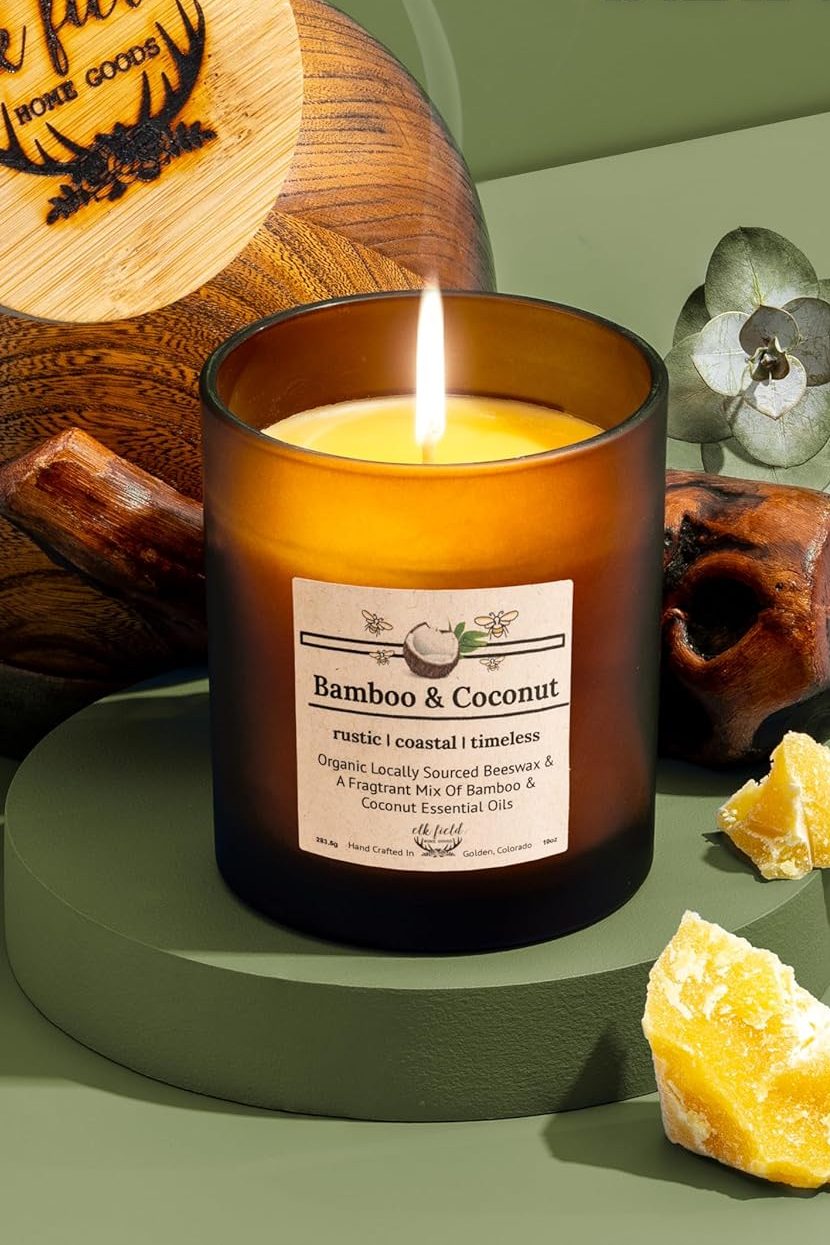 Bamboo Coconut Organic Beeswax Candle | 2 Ingredients | 100% Pure Beeswax Candles, Non Toxic, Natural, Organic Candles, Beeswax Candles Scented, Non Toxic Candles, 80 Hour, 10oz