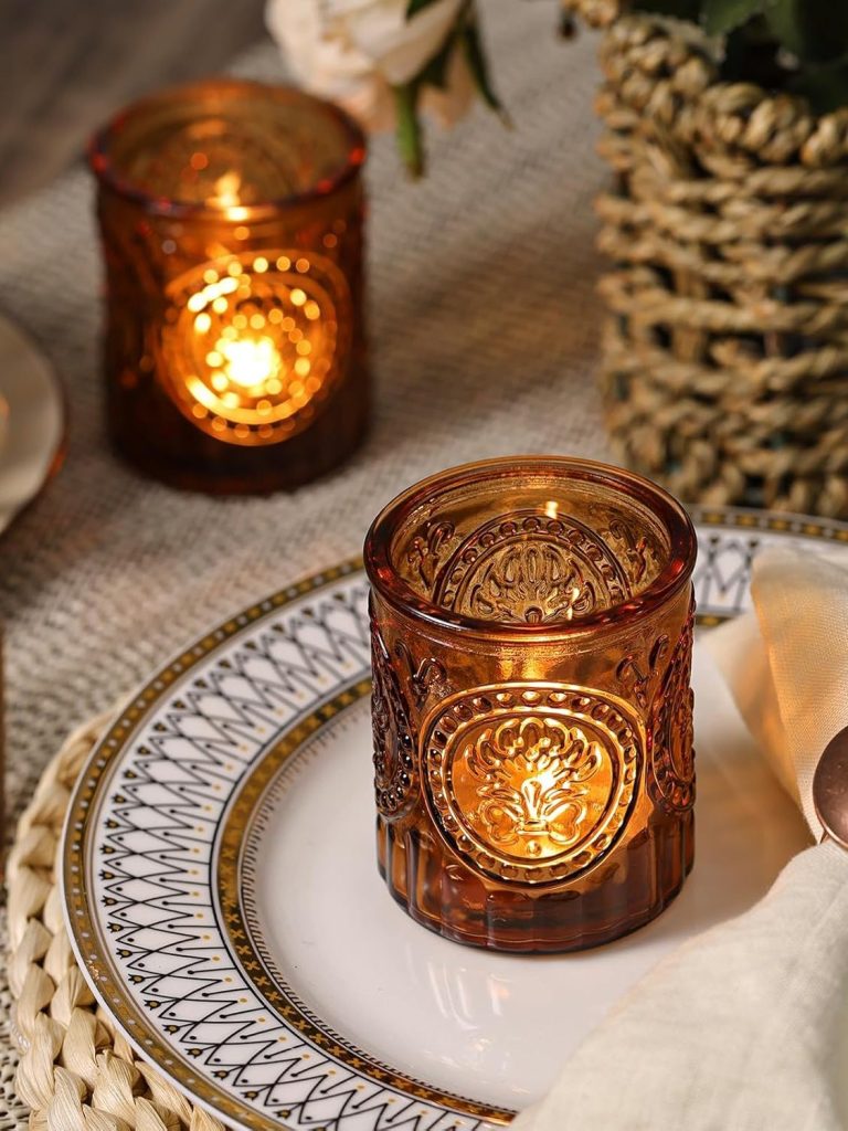 12PCS Amber Votive Candle Holders, Glass Tea Lights Candle Holder Vintage Candle Holders Bulk for Table Centerpieces, Fall, Christmas Decor