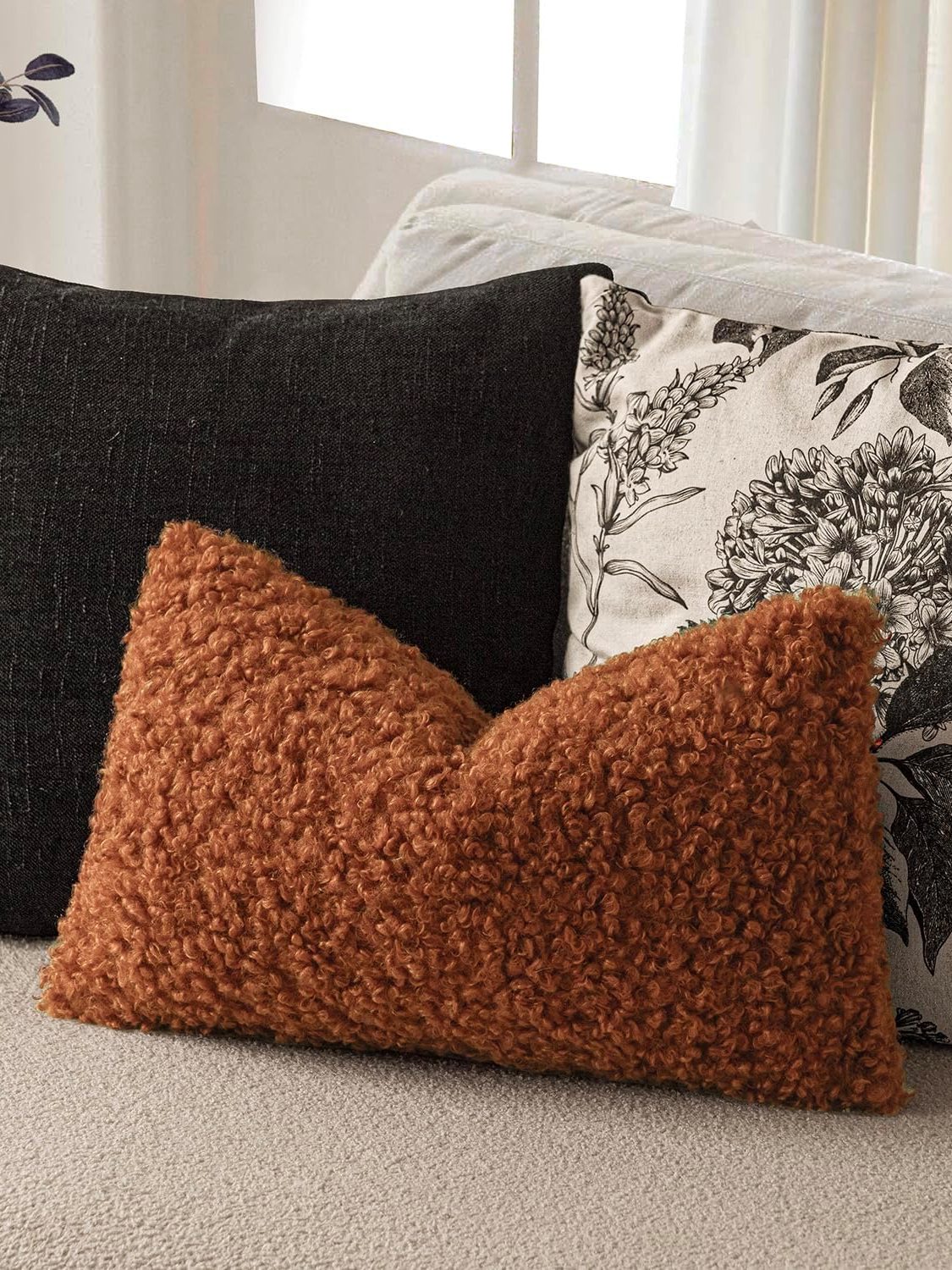 Foindtower Set of 2 Curly Teddy Wool Pillow Covers Decorative Boucle Textured Lumbar Throw Pillow Faux Fur Sherpa Pillowcases Sheepskin Fuzzy Cushion Case for Sofa Bedroom Car 12"x20" Burnt Orange