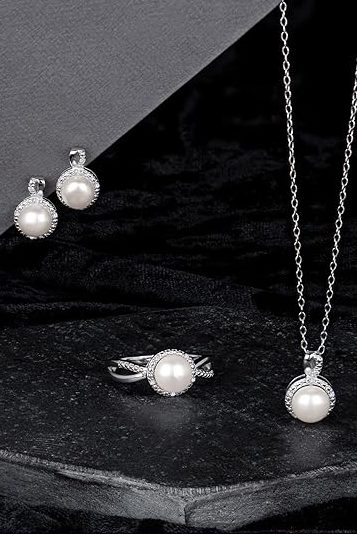 MAX + STONE Sterling Silver Pearl Jewelry Set with Diamonds | Real Freshwater Pearl Earrings, Ring & Necklace for Women | Diamond Pearl Earrings Necklace Set