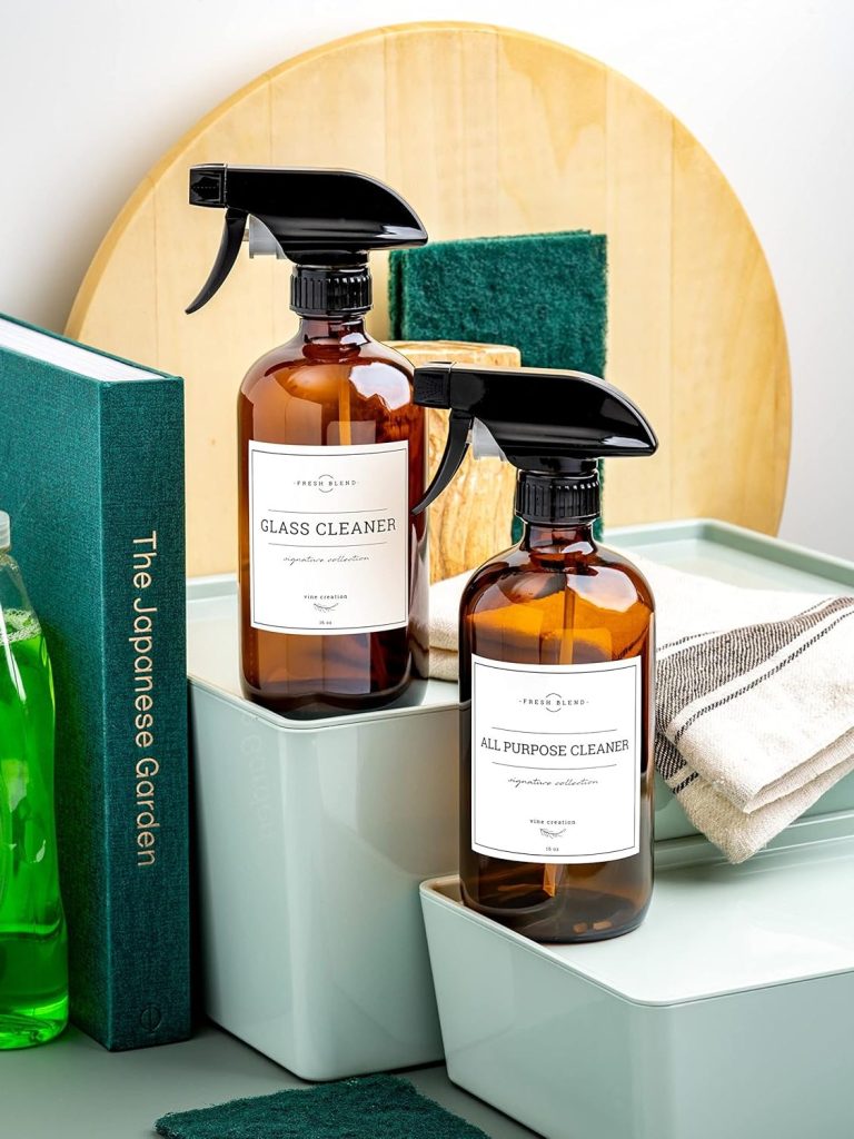 Vine Creations Amber Glass Spray Bottles, 2 Pack Glass Refillable Bottles for Cleaning solutions, 16 oz Spray Bottle for Cleaning, Mister Spray Bottle, Amber Spray Bottles with Waterproof Labels