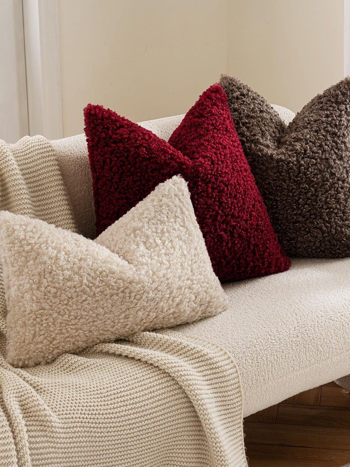 MIULEE Pack of 2 Lumbar Faux Fur Throw Pillow Covers 12x20 Inch Neutral Oatmeal Boucle Decorative Sherpa Pillow Covers Fuzzy Accent Soft Sheepskin Fleece for Boho Home Decor Sofa Living Room Bed Chair