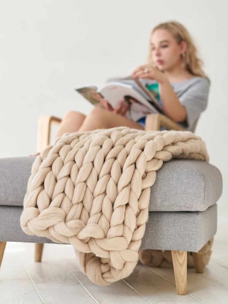 Chunky Knit Merino Wool Blanket: Handmade Giant Knit Throw, Home Decor