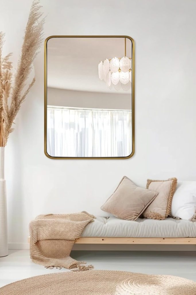 ANDY STAR Brass Mirror Bathroom, 22x30’’ Rounded Rectangle Mirror, Brushed Gold Bathroom Vanity Mirror Non-Rusting SUS304 Metal Tube Frame 1’’ Deep Wall-Mounted Mirrors Vertical/Horizontal