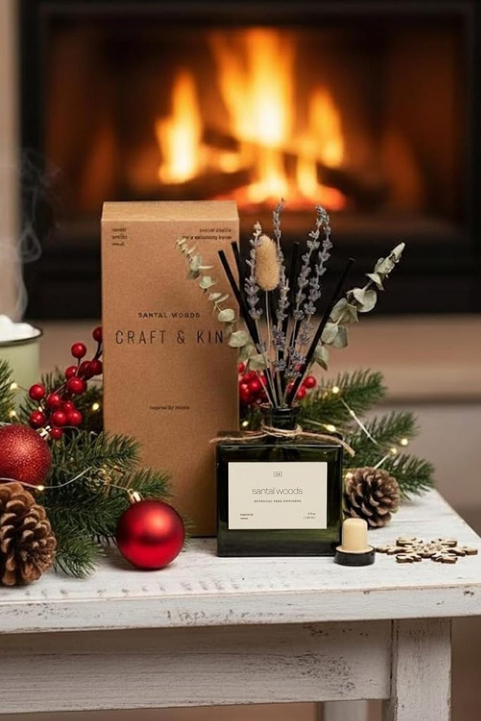 Craft & Kin Christmas Reed Diffuser with Dried Flowers | 5 oz Santal Woods Holiday Scented Reed Diffusers for Home, Bathroom | Scent Sticks | Elegant Fragrance Home Decor for Men & Women