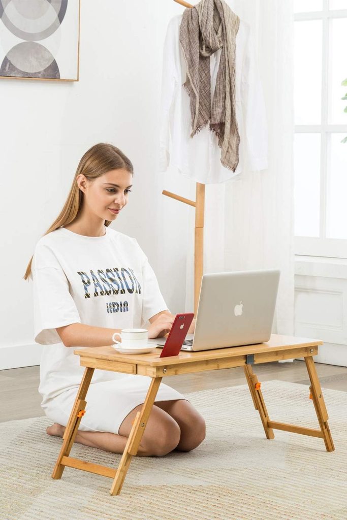 Laptop Desk Nnewvante Bamboo Laptop Table Adjustable Lap Tray Bed Serving Tray Breakfast Table Foldable Coffee Tea Table 7 Tilting Top Angles 4 Latches Large Size 27.95" x 13.8"