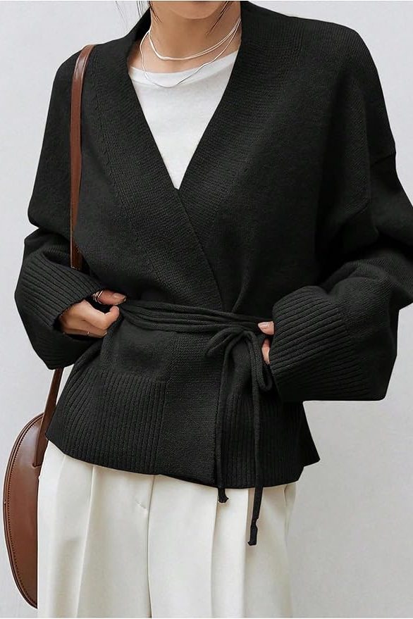 WDIRARA Women's Wrap V Neck Long Sleeve Tie Front Belted Cardigan Casual Sweater