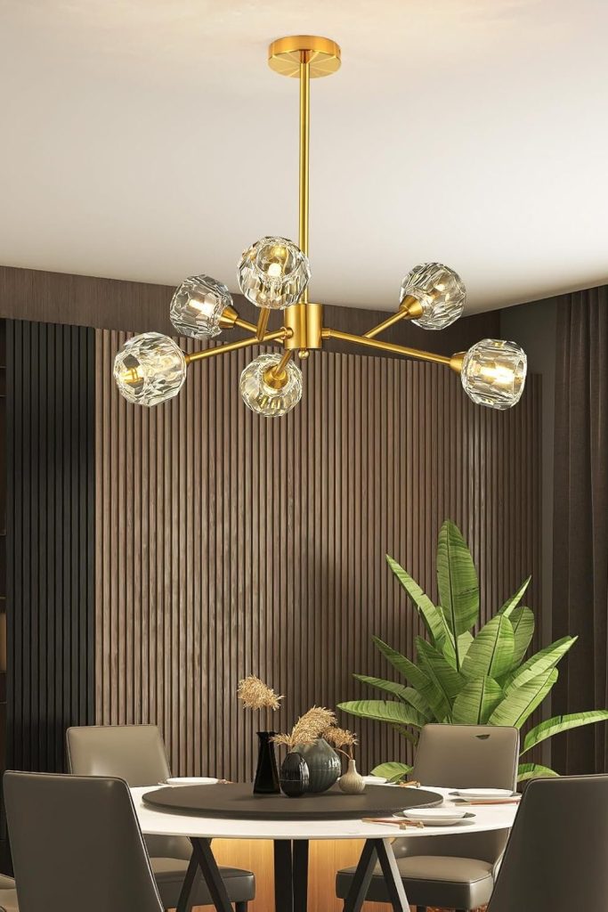 Sputnik Chandeliers for Dining Room Light Fixture Over Table, Modern Crystal Chandeliers, 6 Lights Gold Lighting Fixtures for Living Room Bedroom Kitchen Island
