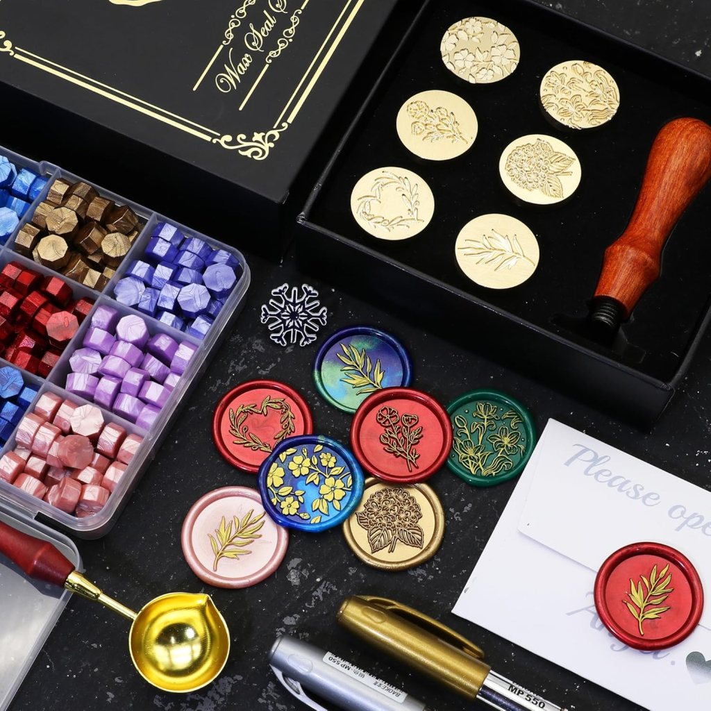 SWANGSA Botanical Flower Wax Seal Stamp Kit with 450pcs Sealing Wax Beads, 2 Pens and Spoon for Wedding, Invitations, Cards, Envelope, Christmas