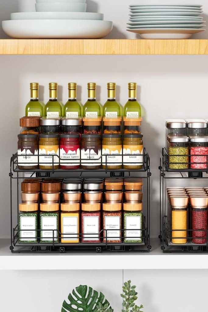 RCHYFEED Spice Rack Organizer for Cabinet, 2 Tier Slide out Spice Organization for Inside Cabinets & Pantry, Heavy Duty Adjustable Metal Spice Racks for Seasoning Organizer (13.5" Wx10.5 Dx9.5 H)
